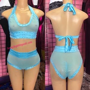 Sexy Blue Rhinestone High Waisted 2 Piece  Outfit.